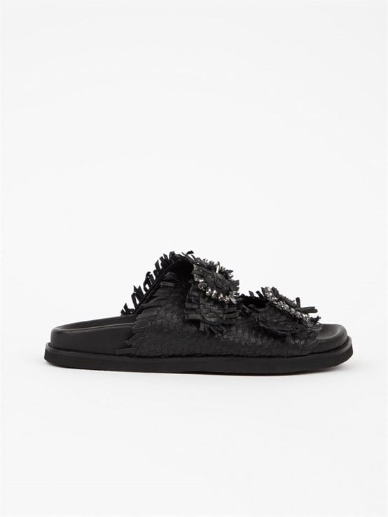 Bella Siyah Deri Örgü Kadın Terlik