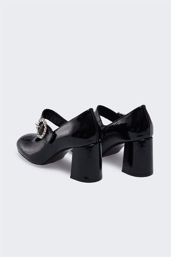 Biles Siyah Rugan Kadın Topuklu Ayakkabı