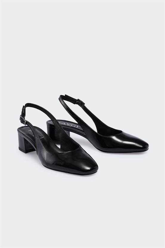 Coenil Siyah Kırışık Rugan Kadın Topuklu Ayakkabı