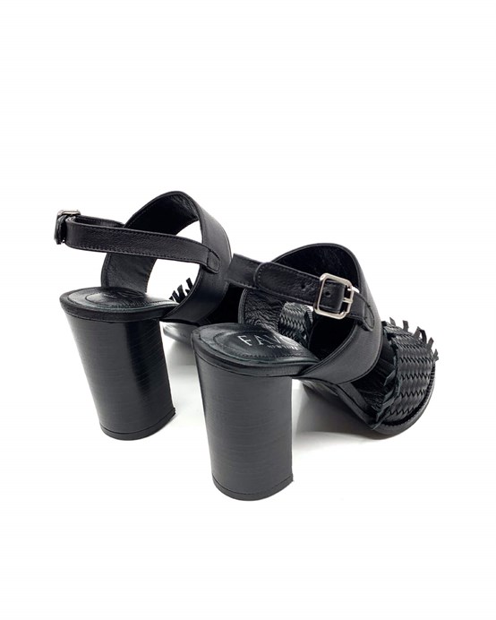 Dezzen Siyah Deri Örgü Kadın Topuklu Sandalet