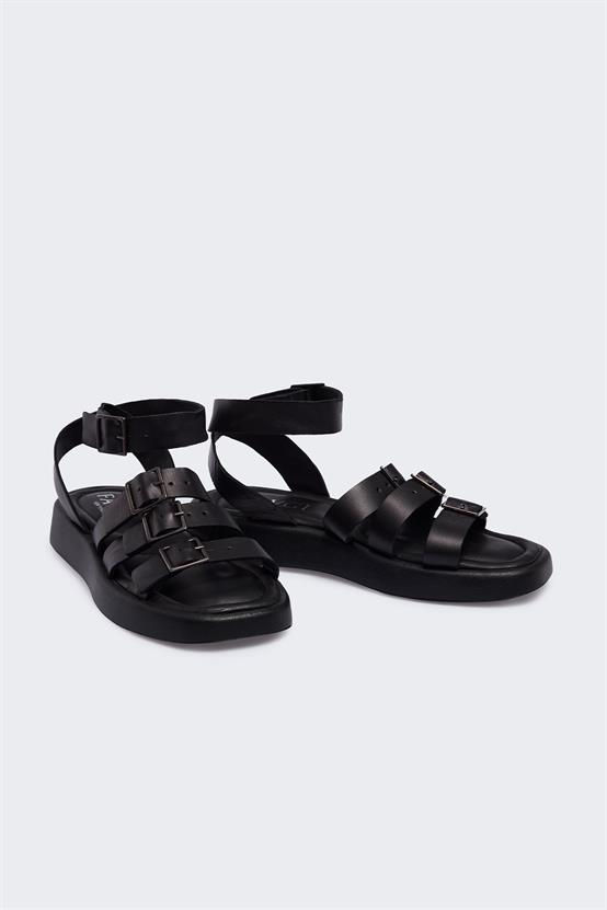 Edio Siyah Deri Kadın Sandalet