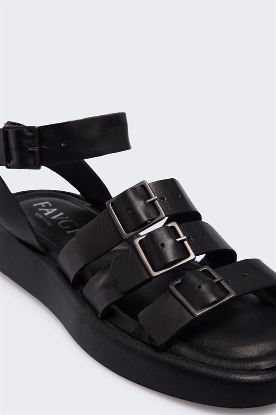 Edio Siyah Deri Kadın Sandalet