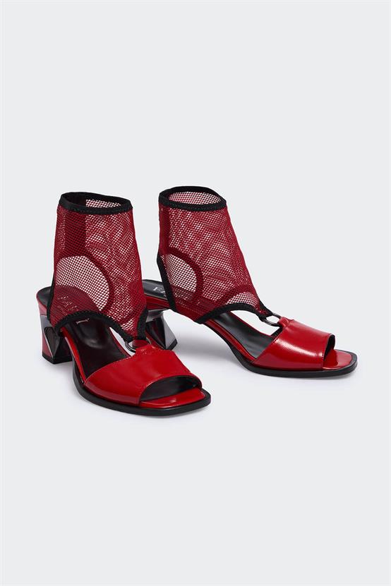 Favgi 1500 Kırmızı Rugan Kırmızı File Kadın Topuklu Sandalet