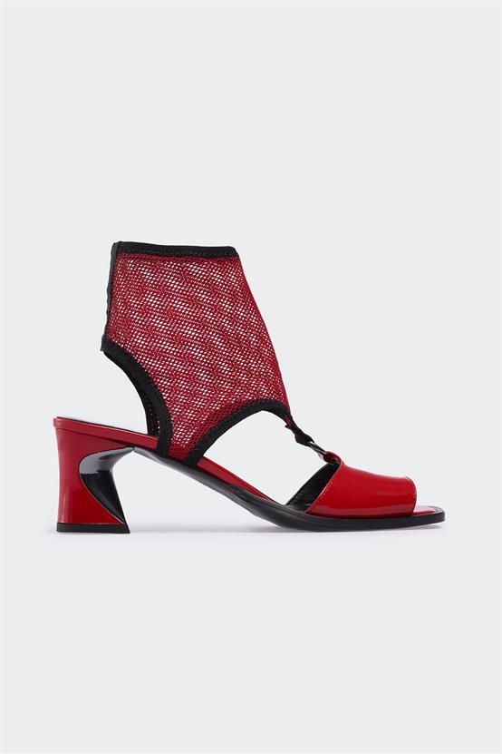 Favgi 1500 Kırmızı Rugan Kırmızı File Kadın Topuklu Sandalet