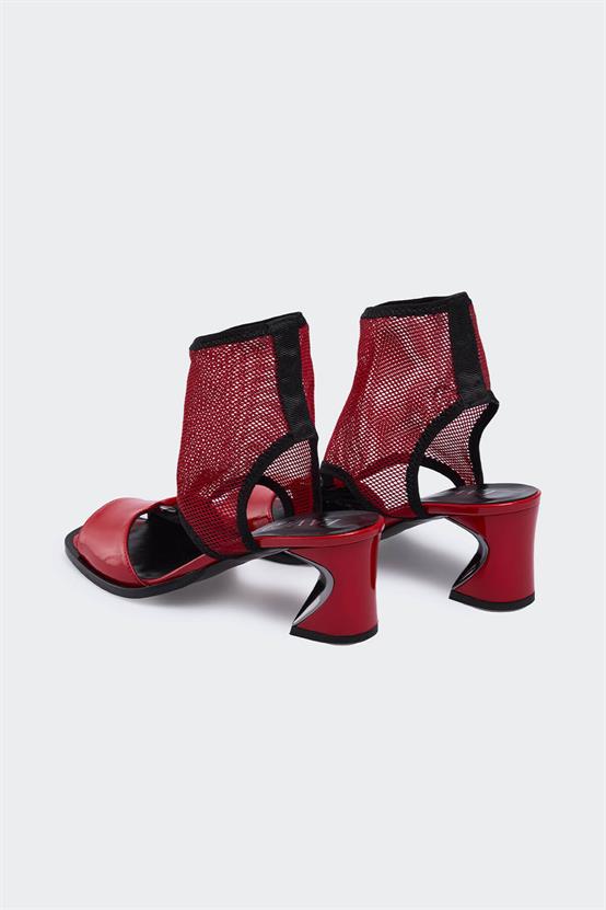 Favgi 1500 Kırmızı Rugan Kırmızı File Kadın Topuklu Sandalet