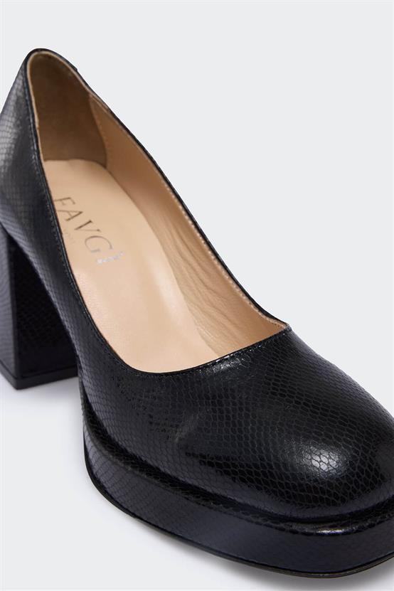 Favgi 2153 Siyah Deri Kadın Topuklu Ayakkabı
