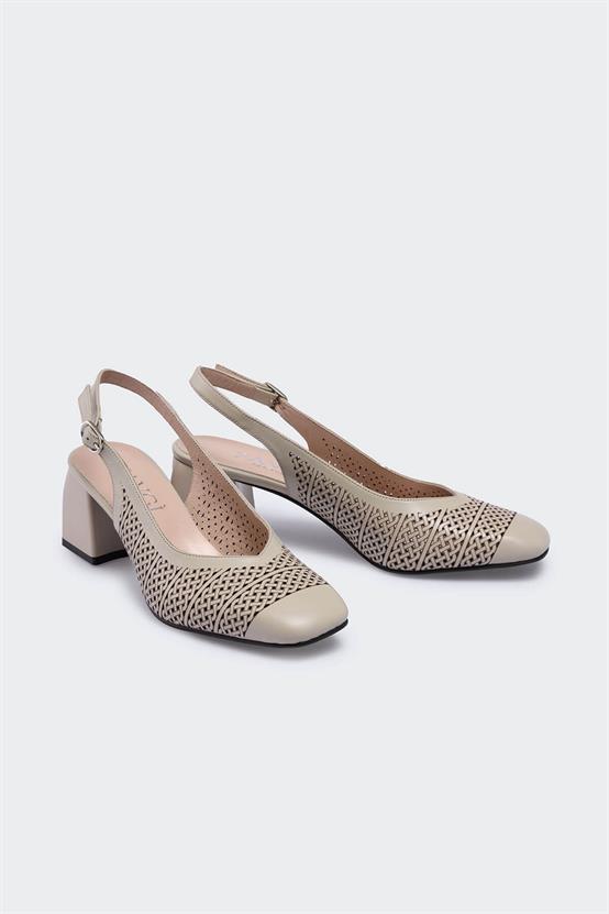 Feddoi Bej Deri Kadın Topuklu Ayakkabı