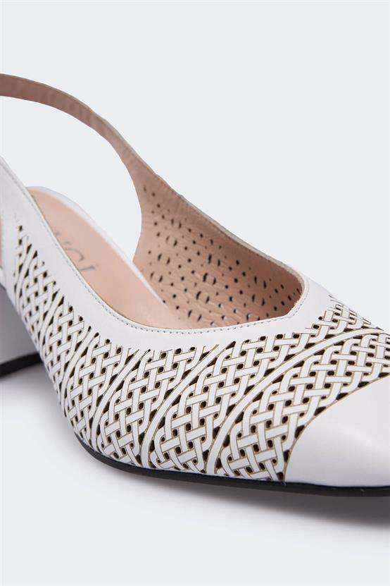 Feddoi Beyaz Deri Kadın Topuklu Ayakkabı