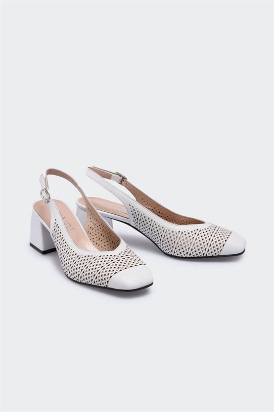 Feddoi Beyaz Deri Kadın Topuklu Ayakkabı