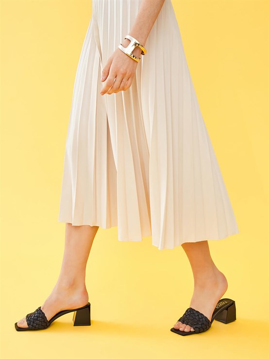 Fior Siyah Deri Örgü Kadın Topuklu Terlik 