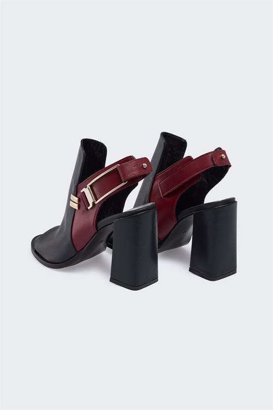 Forgi Siyah Deri Bordo Deri Kadın Topuklu Ayakkabı