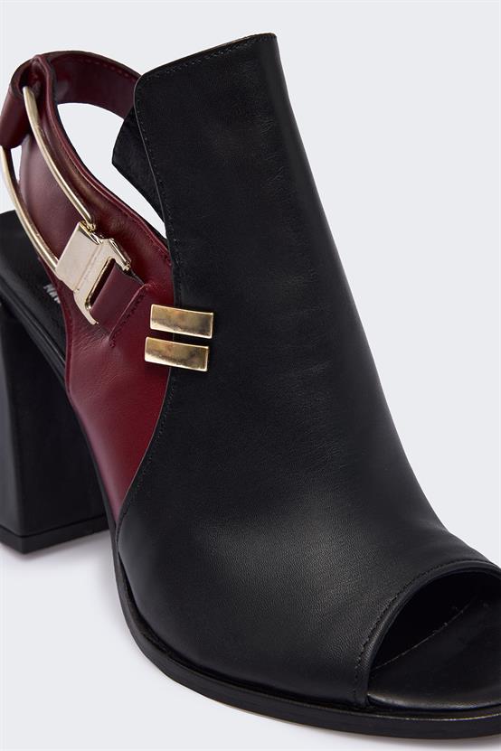 Forgi Siyah Deri Bordo Deri Kadın Topuklu Ayakkabı