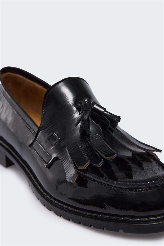 Frank Siyah Kırışık Rugan Kadın Loafer