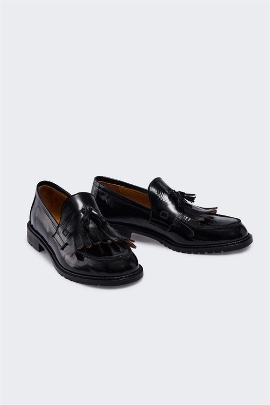 Frank Siyah Kırışık Rugan Kadın Loafer