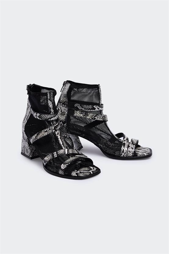 Geniae 2245 Multicolor Deri Siyah File Kadın Topuklu Sandalet