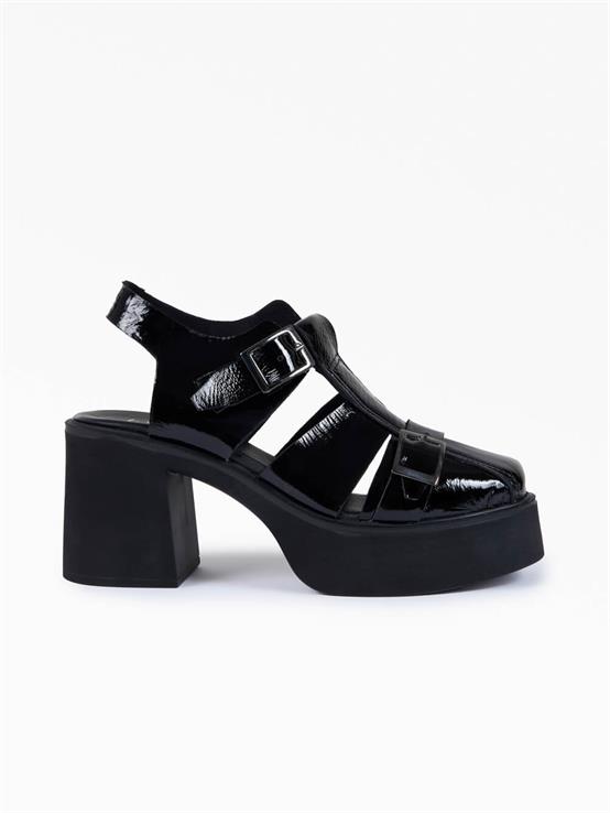 Giane Siyah Kırışık Rugan Kadın Topuklu Sandalet