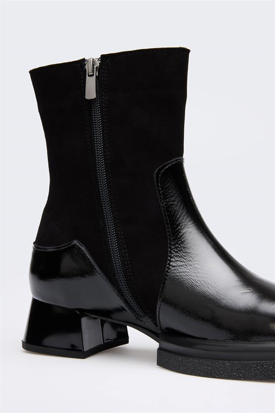 Gion Siyah Kırışık Rugan Siyah Süet Kadın Bot