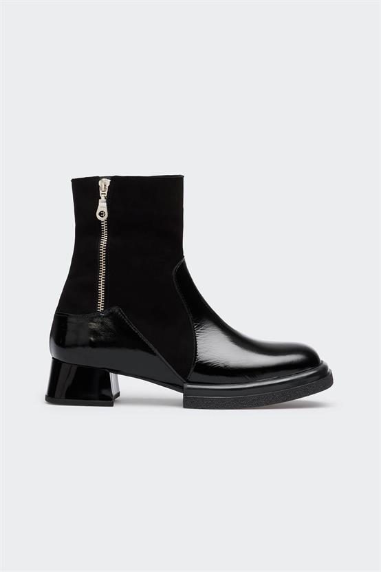 Gion Siyah Kırışık Rugan Siyah Süet Kadın Bot