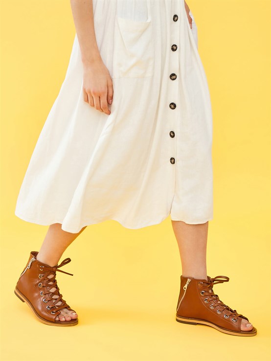 Hemer Taba Çift Fermuarlı Kadın Deri Sandalet