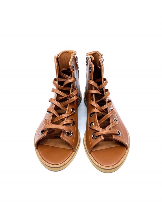 Hemer Taba Çift Fermuarlı Kadın Deri Sandalet