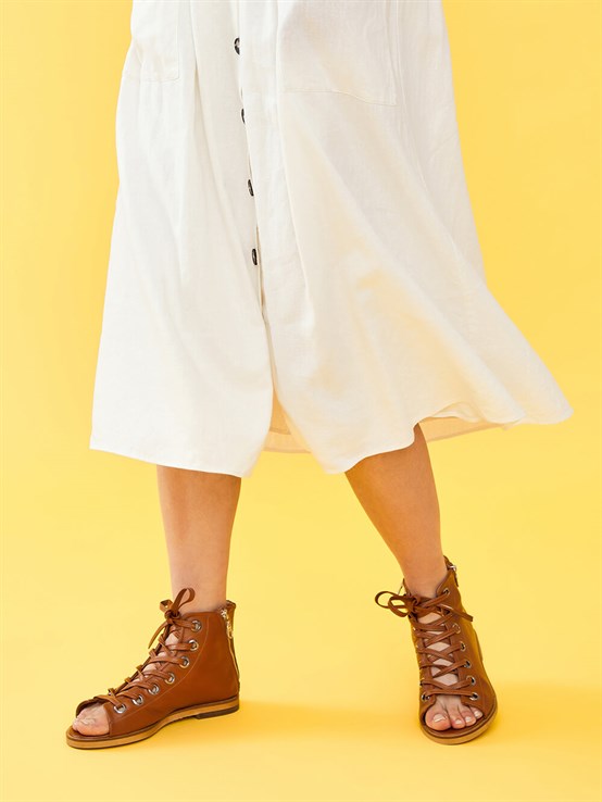 Hemer Taba Çift Fermuarlı Kadın Deri Sandalet