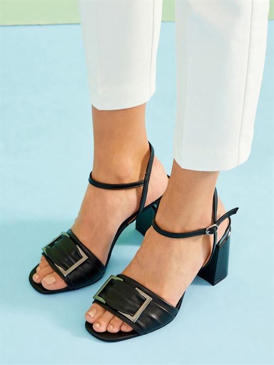 Isabel Siyah Deri Kadın Topuklu Sandalet