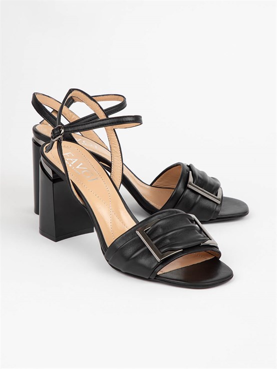 Isabel Siyah Deri Kadın Topuklu Sandalet