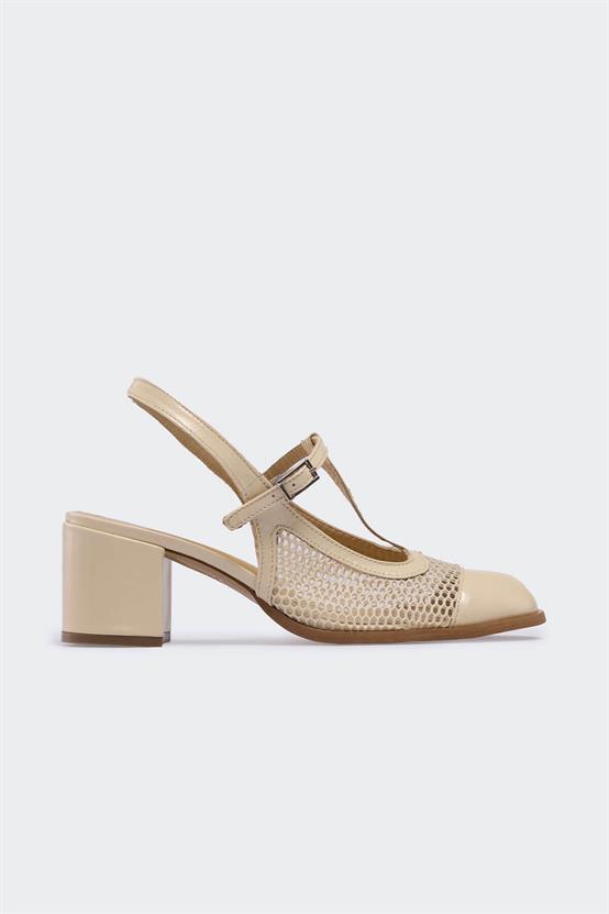 Jöerr Bej Kırışık Rugan Bej File Kadın Topuklu Ayakkabı