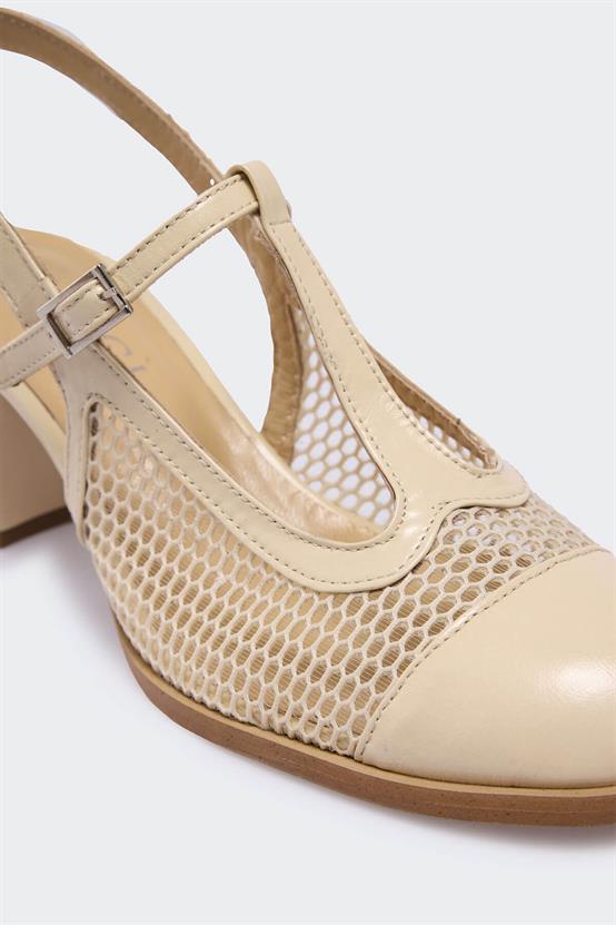 Jöerr Bej Kırışık Rugan Bej File Kadın Topuklu Ayakkabı