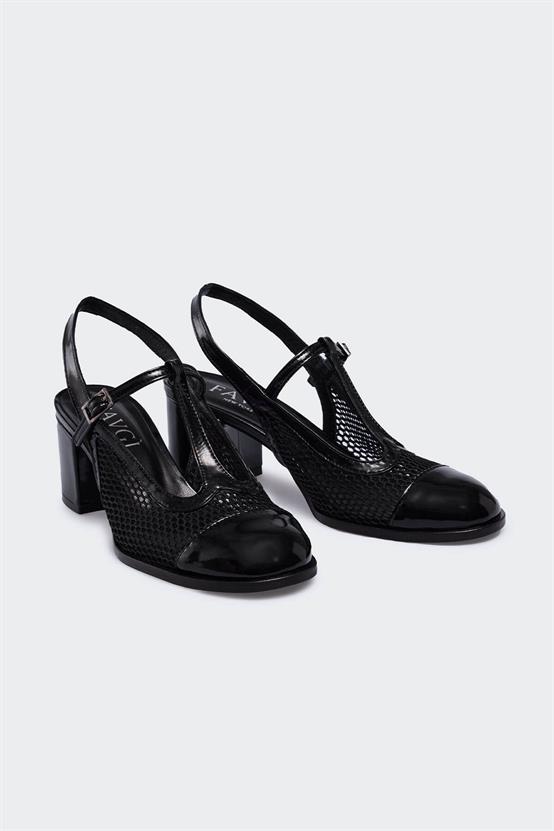 Jöerr Siyah Kırışık Rugan Siyah File Kadın Topuklu Ayakkabı