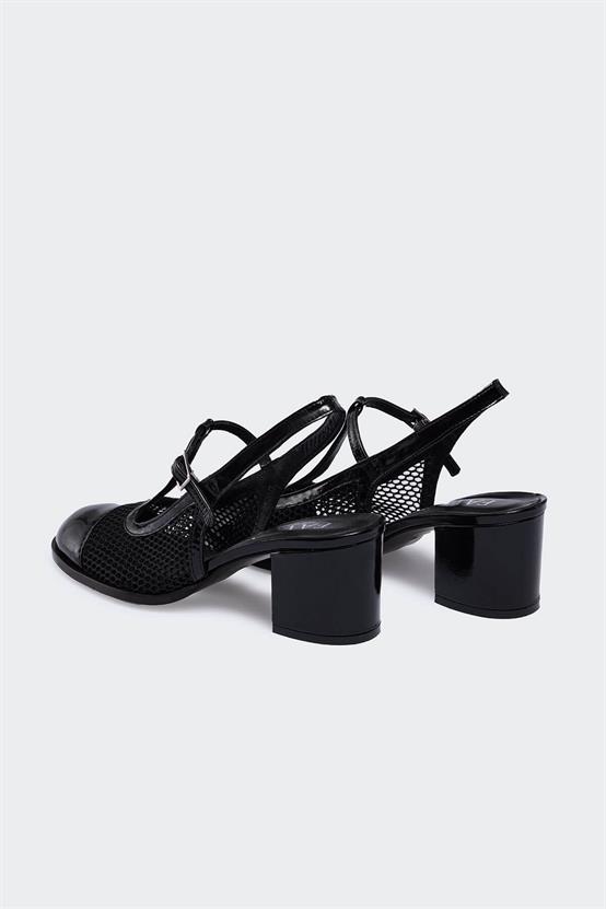 Jöerr Siyah Kırışık Rugan Siyah File Kadın Topuklu Ayakkabı