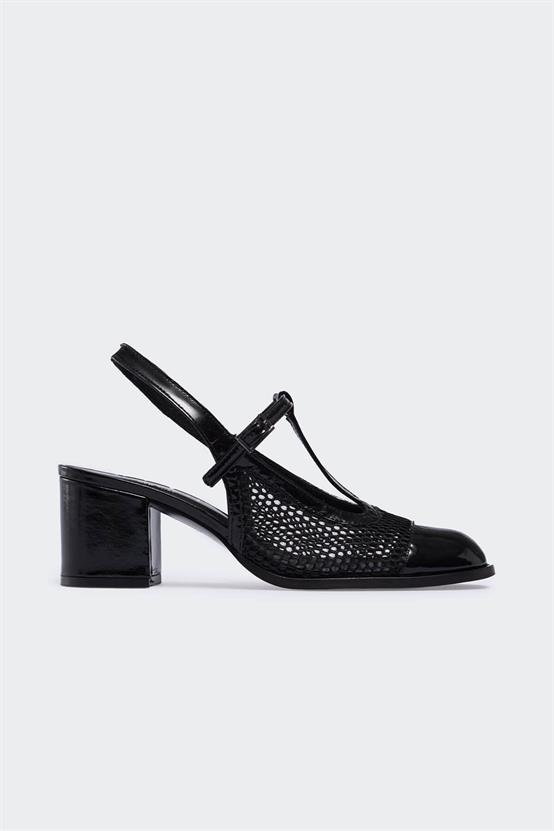 Jöerr Siyah Kırışık Rugan Siyah File Kadın Topuklu Ayakkabı