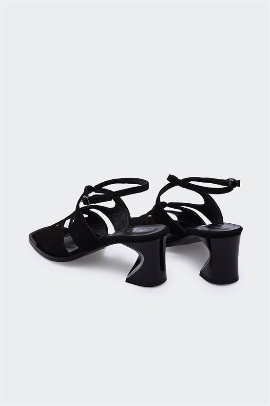 Kayure Siyah Süet Kadın Topuklu Sandalet