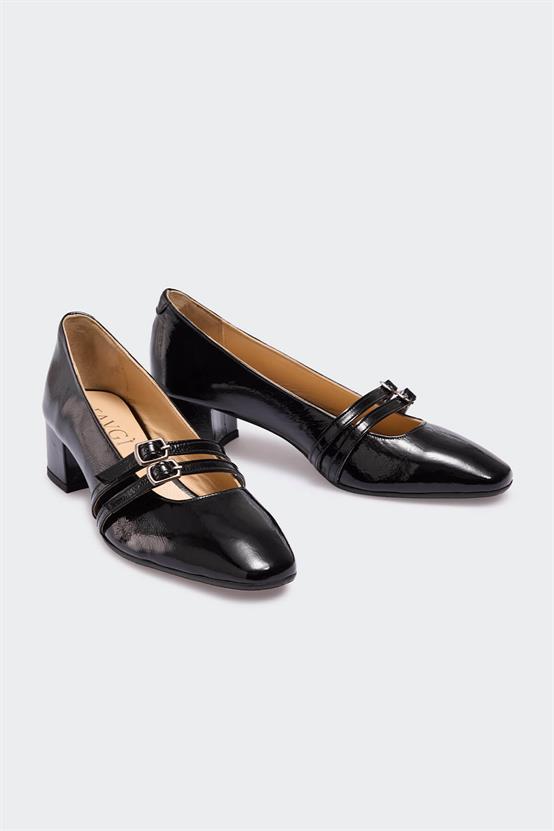 Lebruei Siyah Kırışık Rugan Kadın Topuklu Ayakkabı