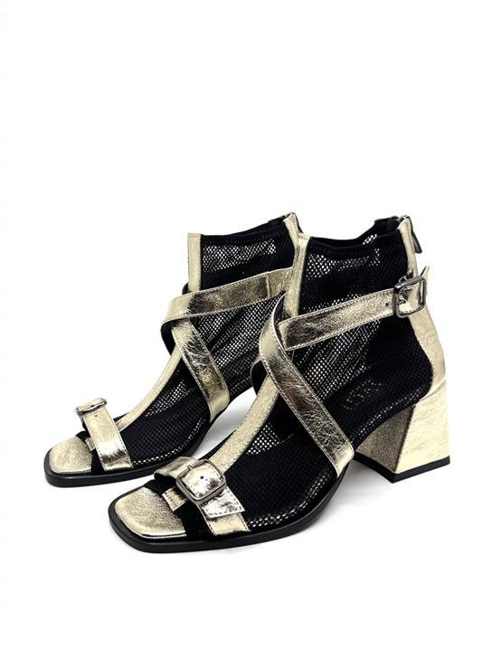 Leios Dore Deri Siyah File Kadın Topuklu Sandalet