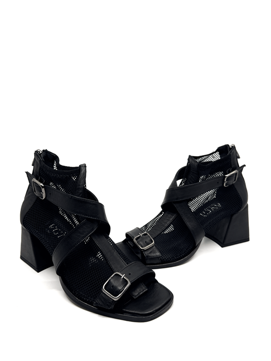 Leios Siyah Deri Siyah File Kadın Topuklu Sandalet