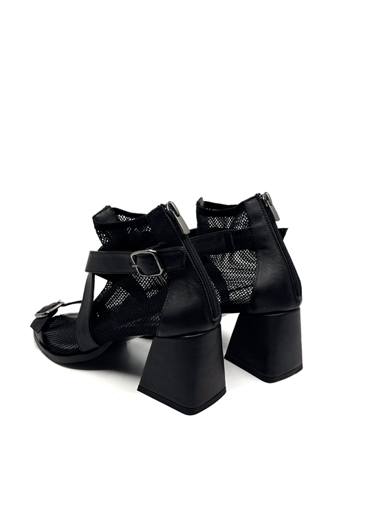 Leios Siyah Deri Siyah File Kadın Topuklu Sandalet