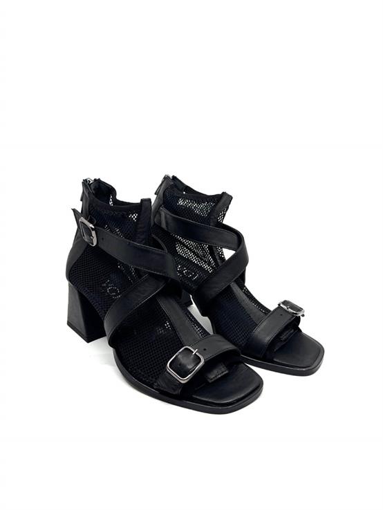 Leios Siyah Deri Siyah File Kadın Topuklu Sandalet
