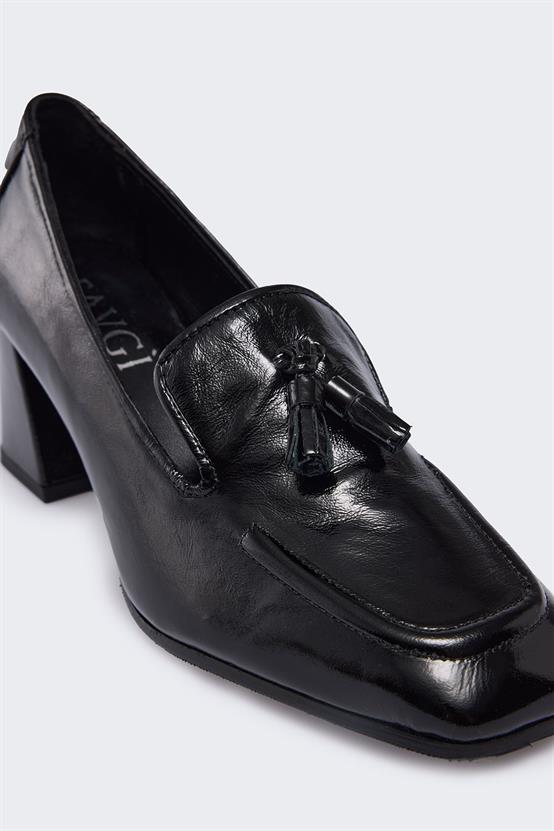 Lude Siyah Kırışık Rugan Kadın Topuklu Ayakkabı