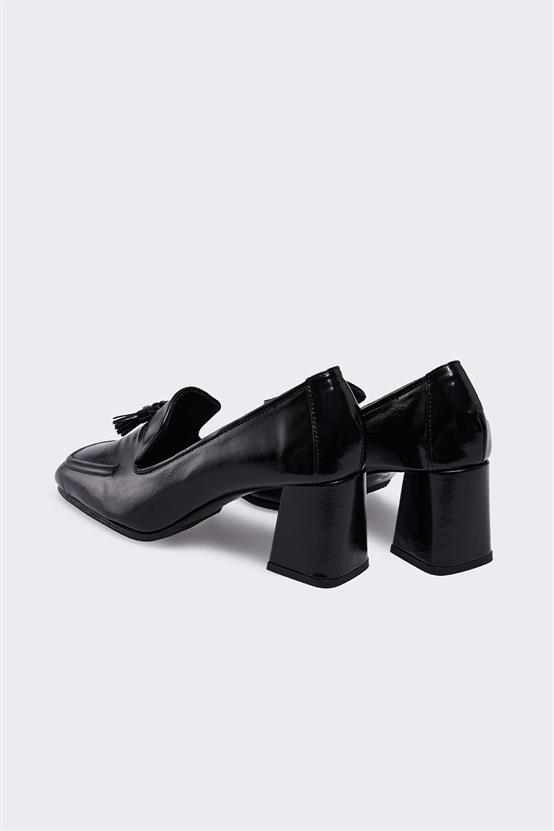 Lude Siyah Kırışık Rugan Kadın Topuklu Ayakkabı