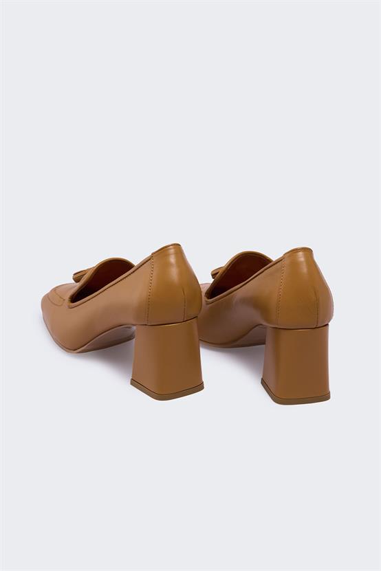 Lude Taba Deri Kadın Topuklu Ayakkabı