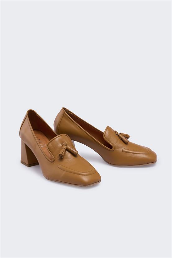 Lude Taba Deri Kadın Topuklu Ayakkabı