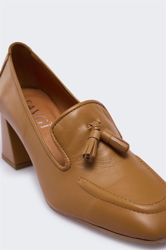 Lude Taba Deri Kadın Topuklu Ayakkabı