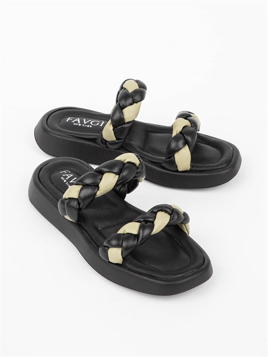 Mill Siyah Deri Örgü Kadın Terlik