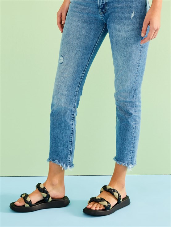 Mill Siyah Deri Örgü Kadın Terlik