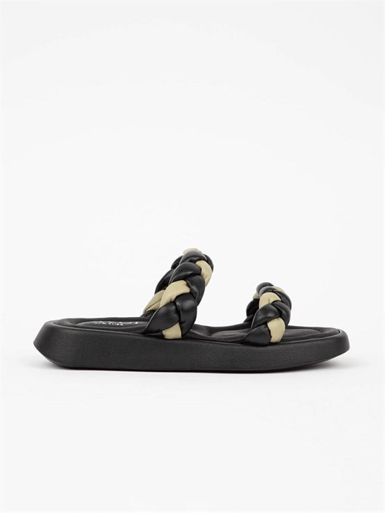 Mill Siyah Deri Örgü Kadın Terlik