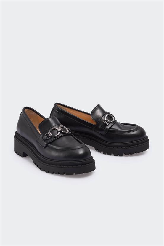 Möil Siyah Deri Kadın Günlük Ayakkabı