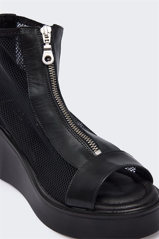 Pauen Siyah Deri Siyah File Kadın Sandalet