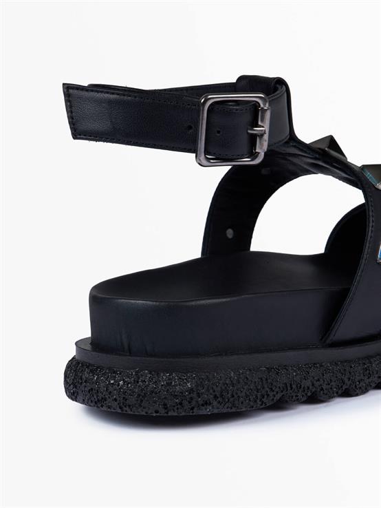 Perri Siyah Deri Kadın Sandalet