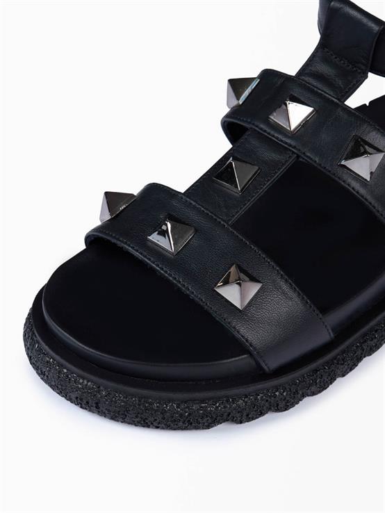 Perri Siyah Deri Kadın Sandalet